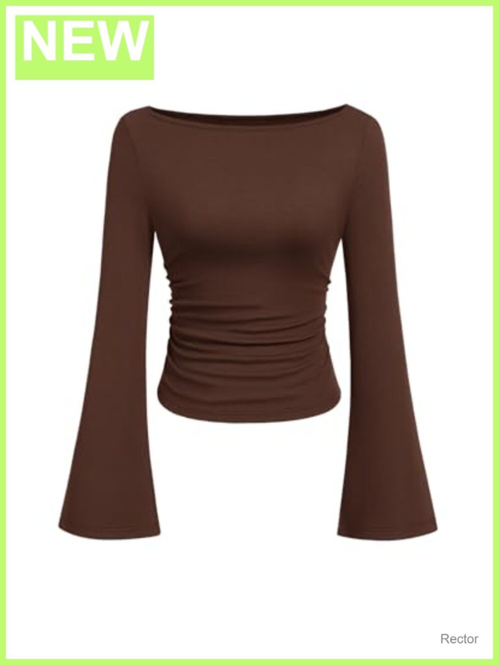 Women's Ribbed Knit Bell Long Sleeve Boat Neck Crop Top